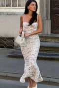 Glorol - Lace Printed See-Through Slim Backless Maxi Dress