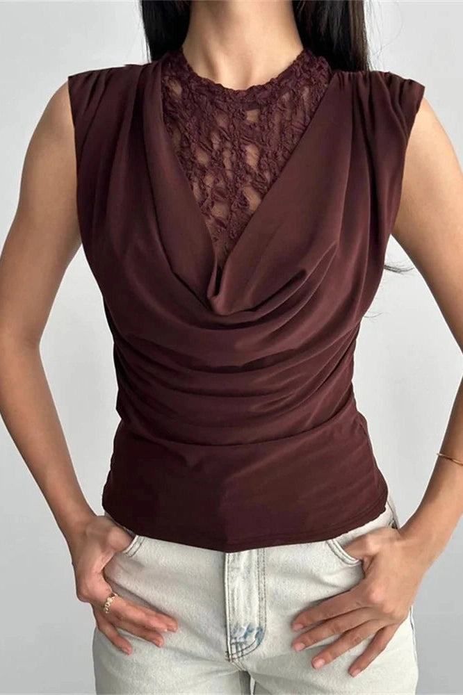 Glorol - Lace Hollow Out Sleeveless Printed Slim Top