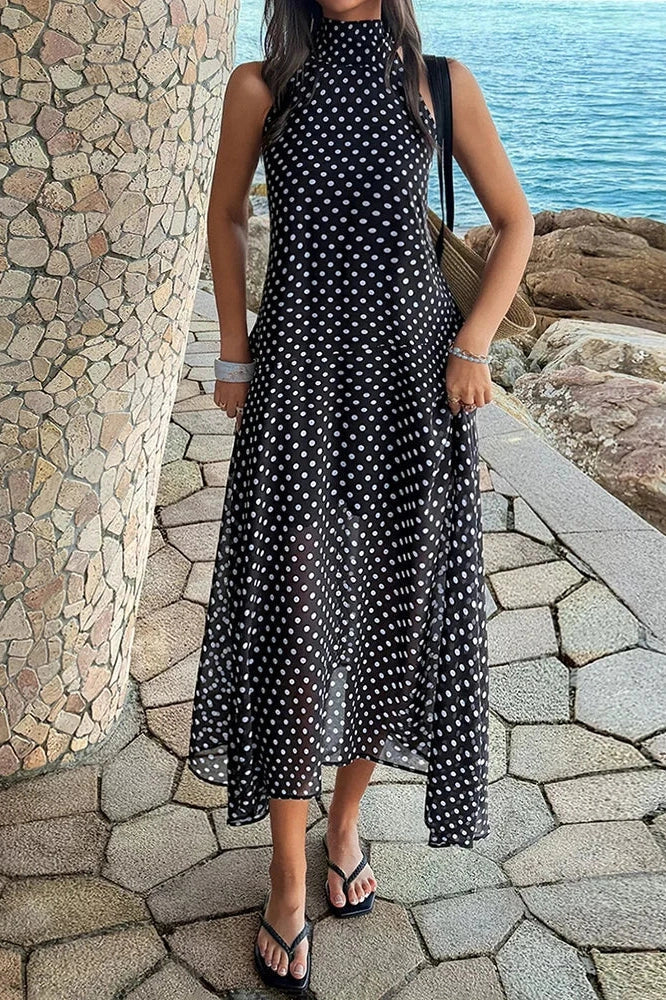 Polka Dot Printed High Waist Pleated Maxi Dress