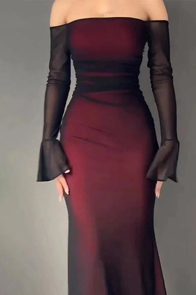 Glorol - Printed Slim Long Sleeve Off Shoulder High Waist Maxi Dress