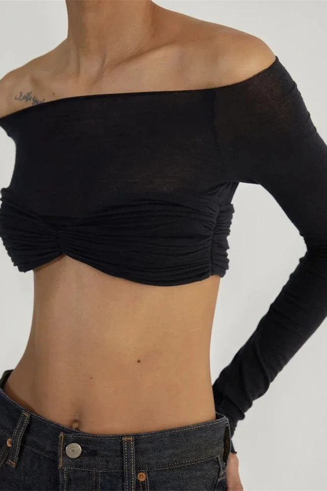 Glorol - Off-Shoulder Long Sleeve See-Through Lace Top