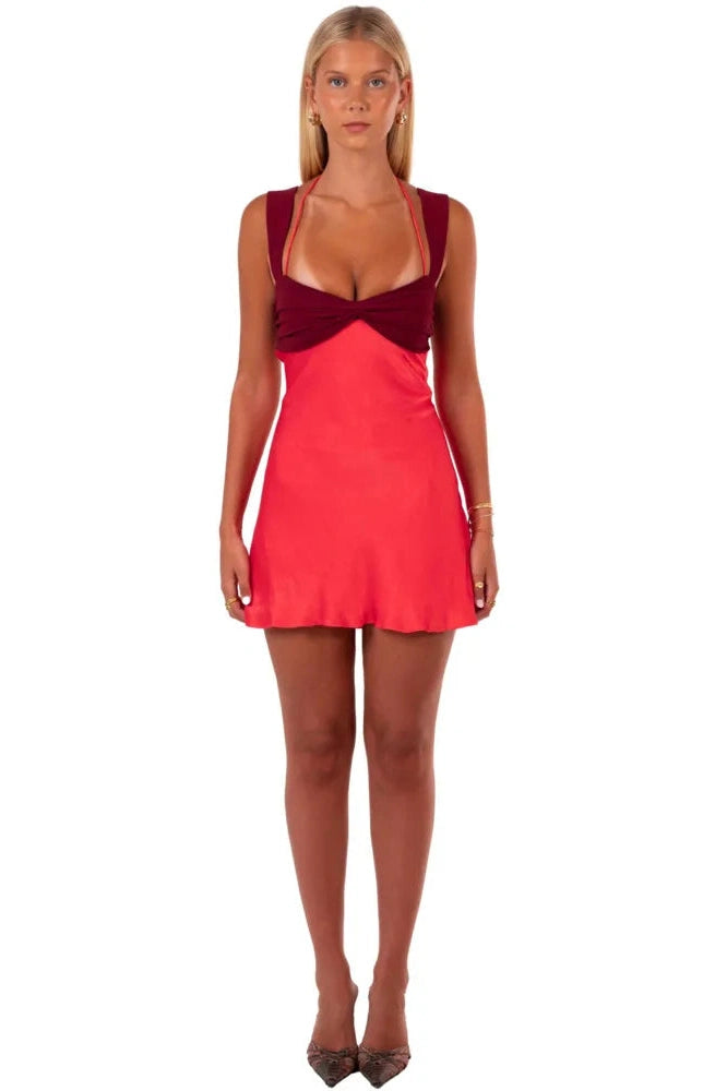 Glorol - Patchwork Sleeveless Strapless Lace-up A-line Mini Dress