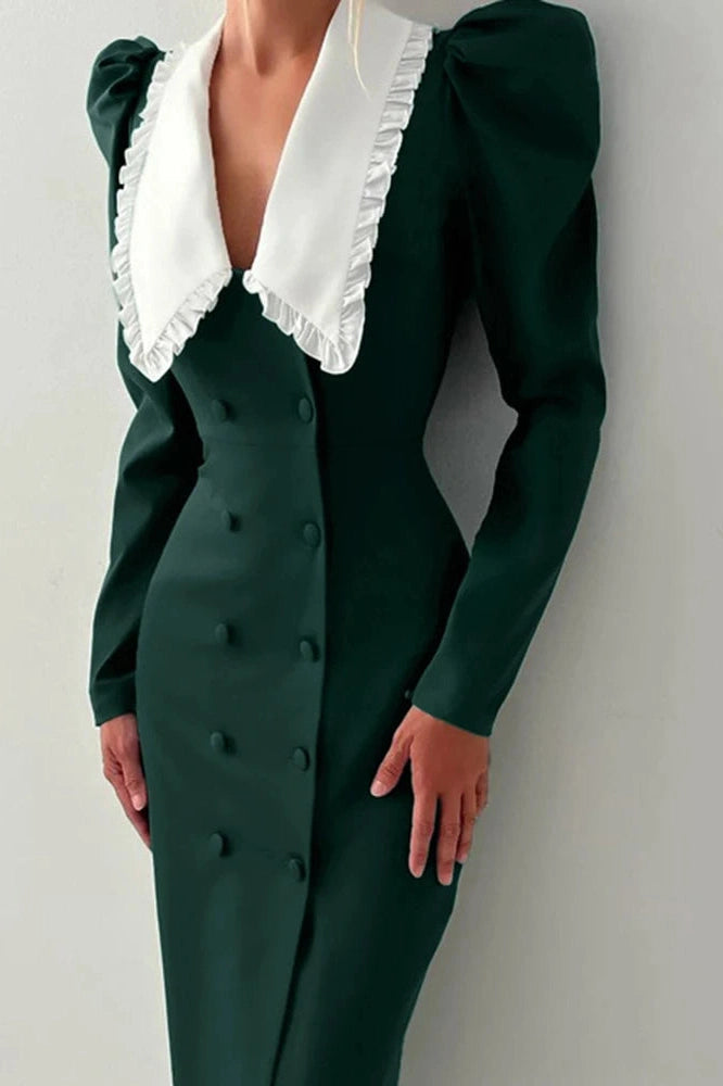 Glorol - Elegant Long Sleeve Double Breasted Midi Dress
