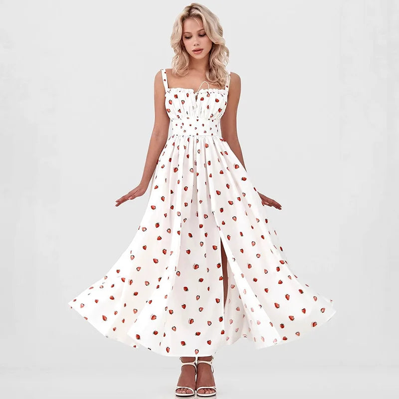 Glorol - Printed Lace Up High Waist Maxi Dress