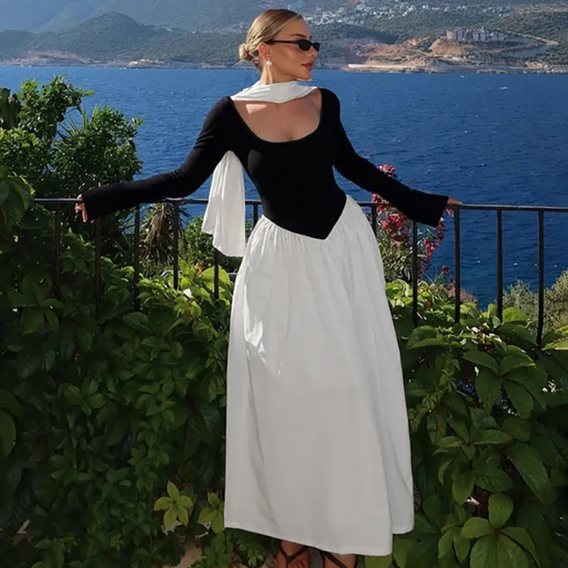 Glorol - Patchwork Scarf Ribbon Round Neck A-Line Maxi Dress