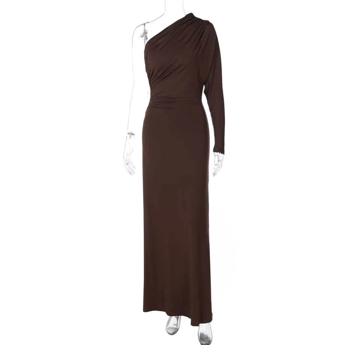 Glorol - Diagonal Collar One-Shoulder Long Sleeve Maxi Dress
