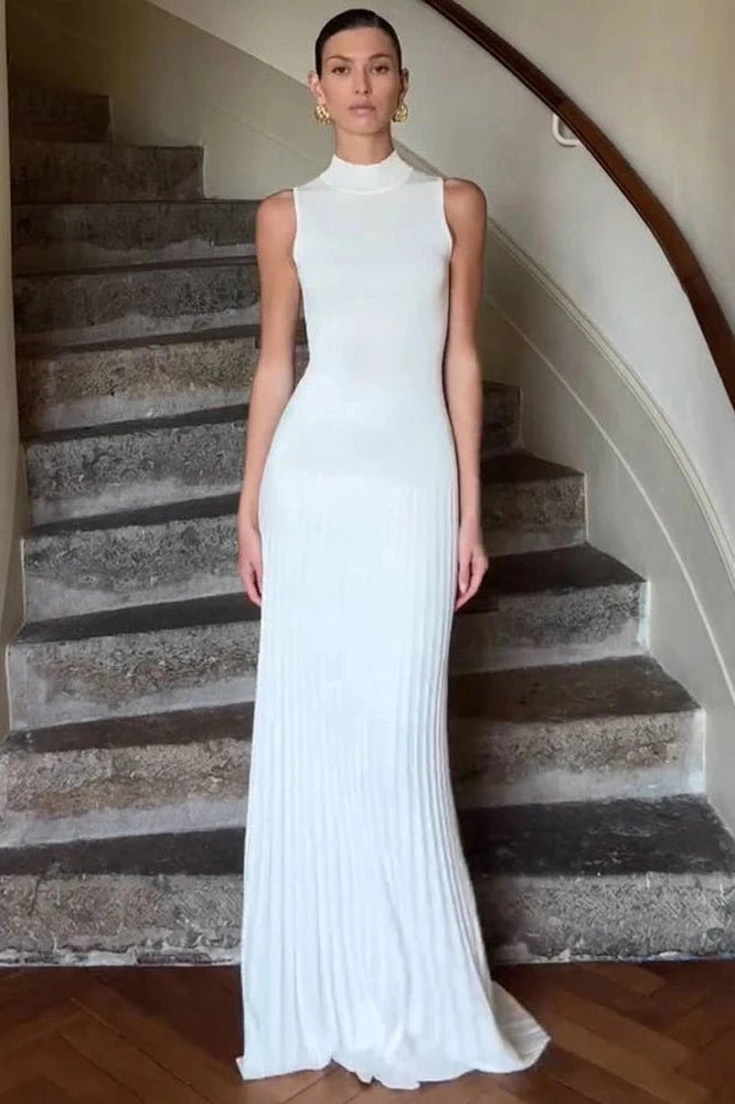 Glorol - High Collar Sleeveless Bodycon Pleated Maxi Dress