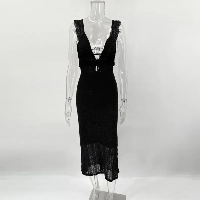 Glorol - Hollow Out Patchwork Backless Sleeveless Maxi Dress