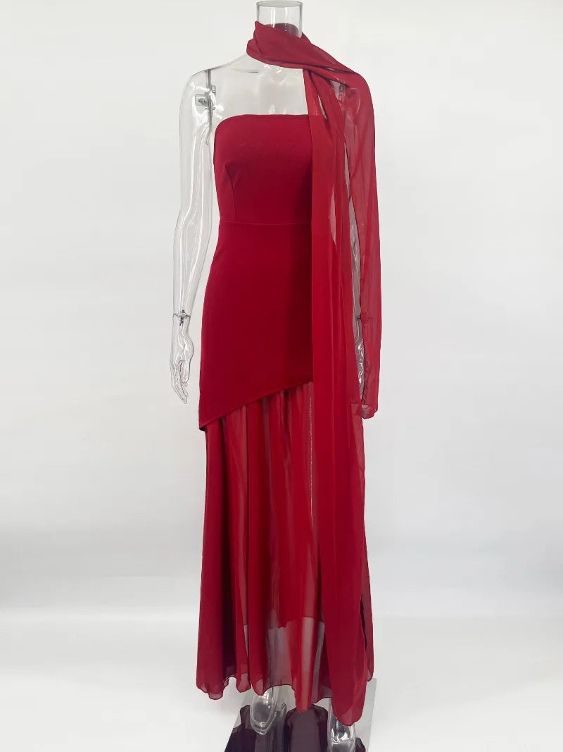 Glorol - Elegant Strapless Scarf Ribbon Patchwork Maxi Dress