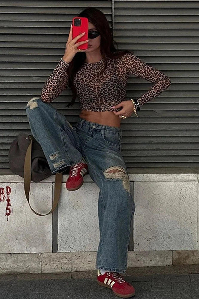 Glorol - Leopard Print See-Through Slim Long Sleeve Top