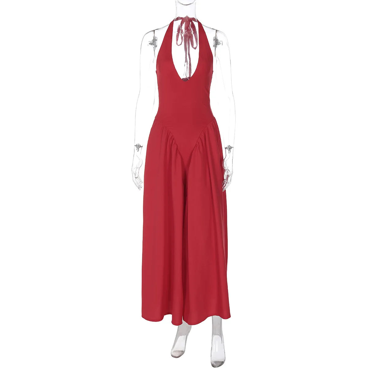 Glorol - Deep V Neck A-Line Pleated Midi Dress