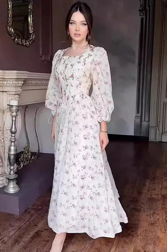 Glorol - Printed Lace-Up Slim Patchwork Maxi Dress