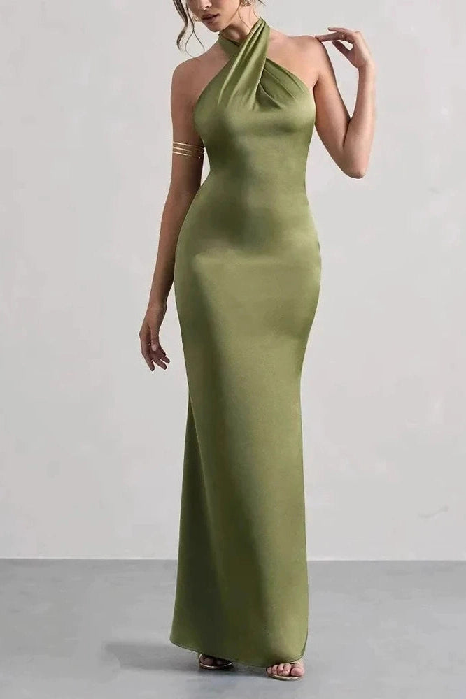 Glorol - Off Shoulder High Waist Pleated Backless Slim Maxi Dress