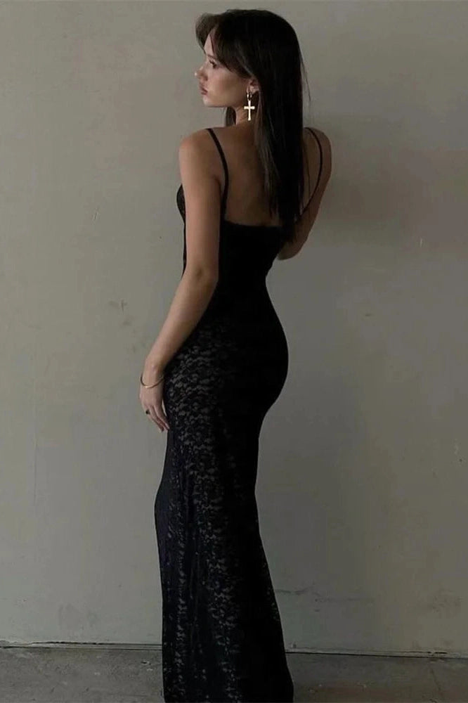 Glorol - Lace Hollow Out Backless Slim V-Neck Maxi Dress