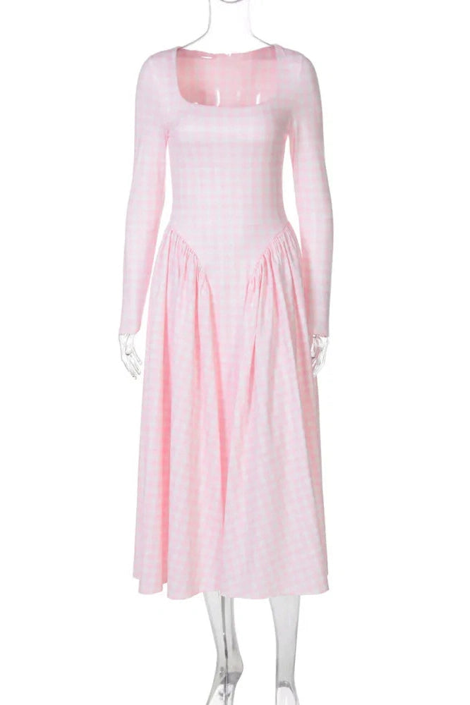 Glorol - Plaid Long Sleeve Pleated Square Collar High Waist A-line Midi Dress