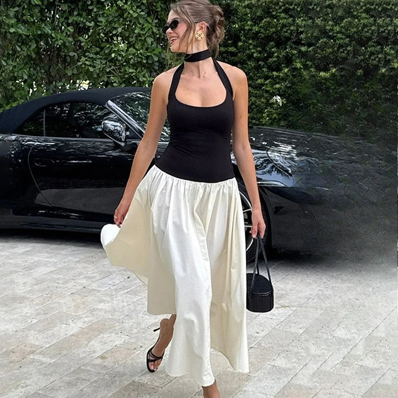 Glorol - Elegant Backless Patchwork Maxi Dress
