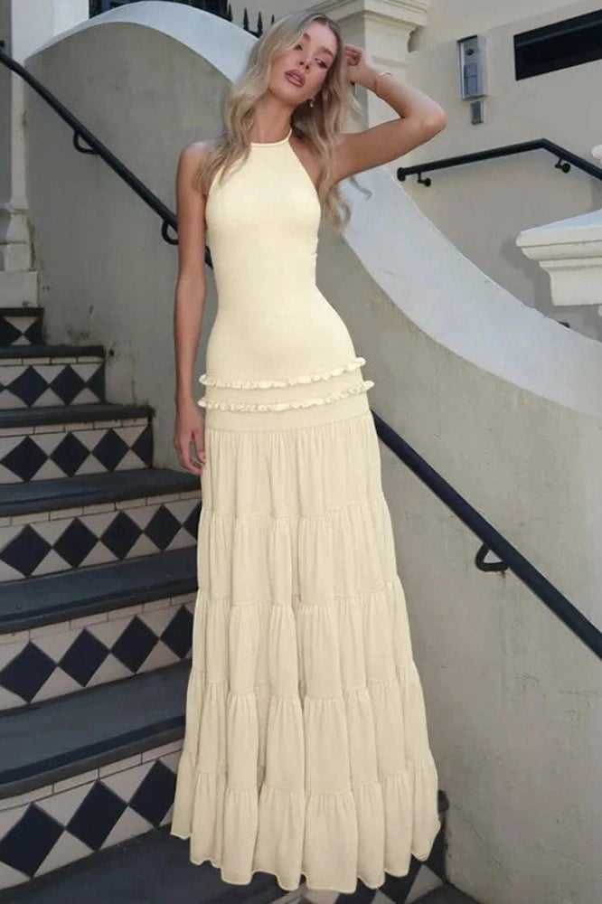 Glorol - Backless Pleated Sleeveless High Waist Lace-Up A-Line Maxi Dress