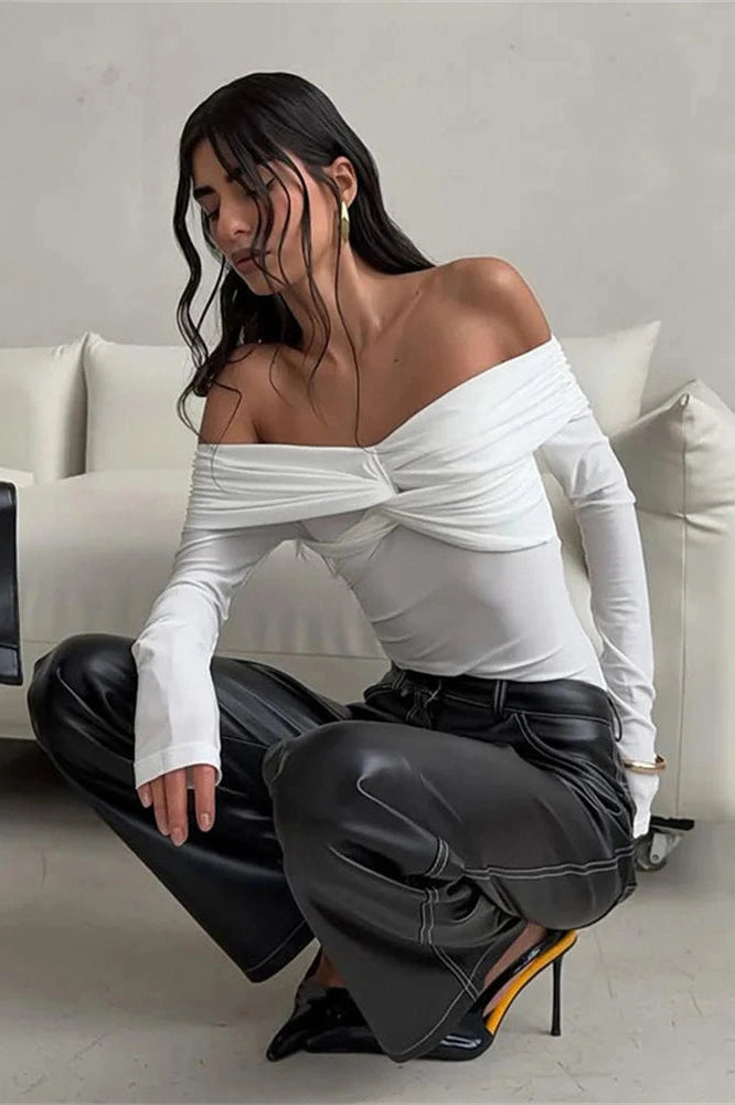 Glorol - Off-Shoulder Pleated Slim Patchwork Backless Top