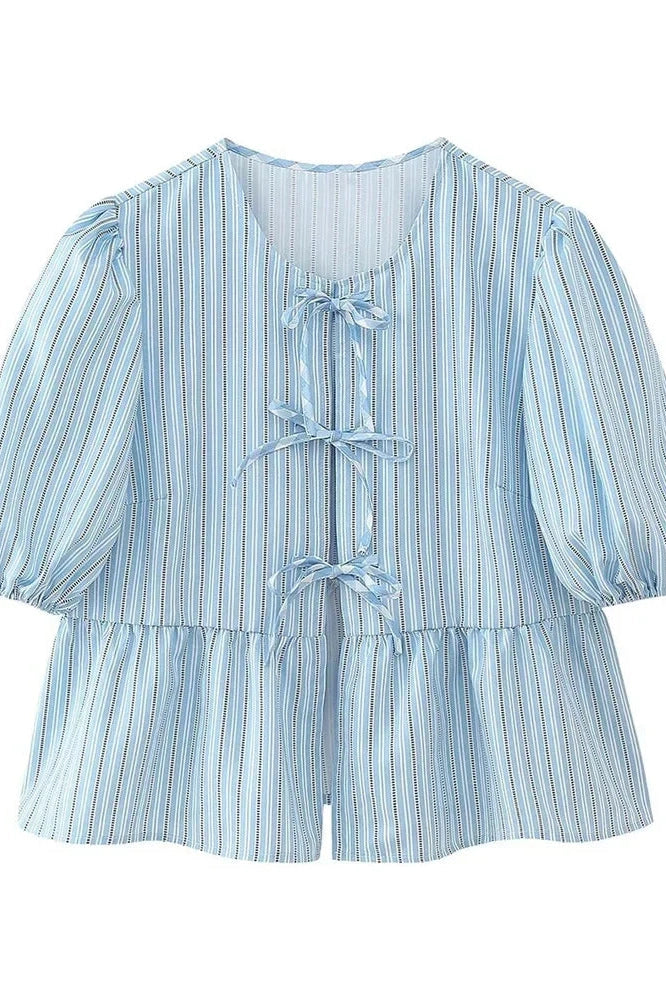 Glorol - Hollow Out Printed Short Sleeve Lace-Up Slim Top