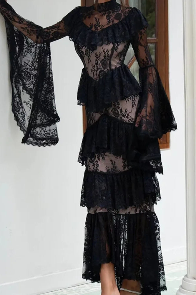 Glorol - Long Sleeve Lace Embroidery High Waist Maxi Dress