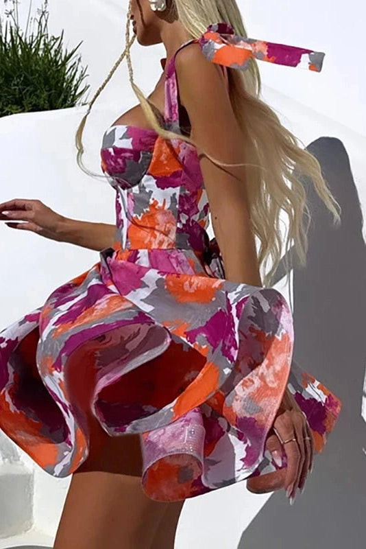 Glorol - Printed High Waisted Sleeveless Loose A-Line Mini Dress