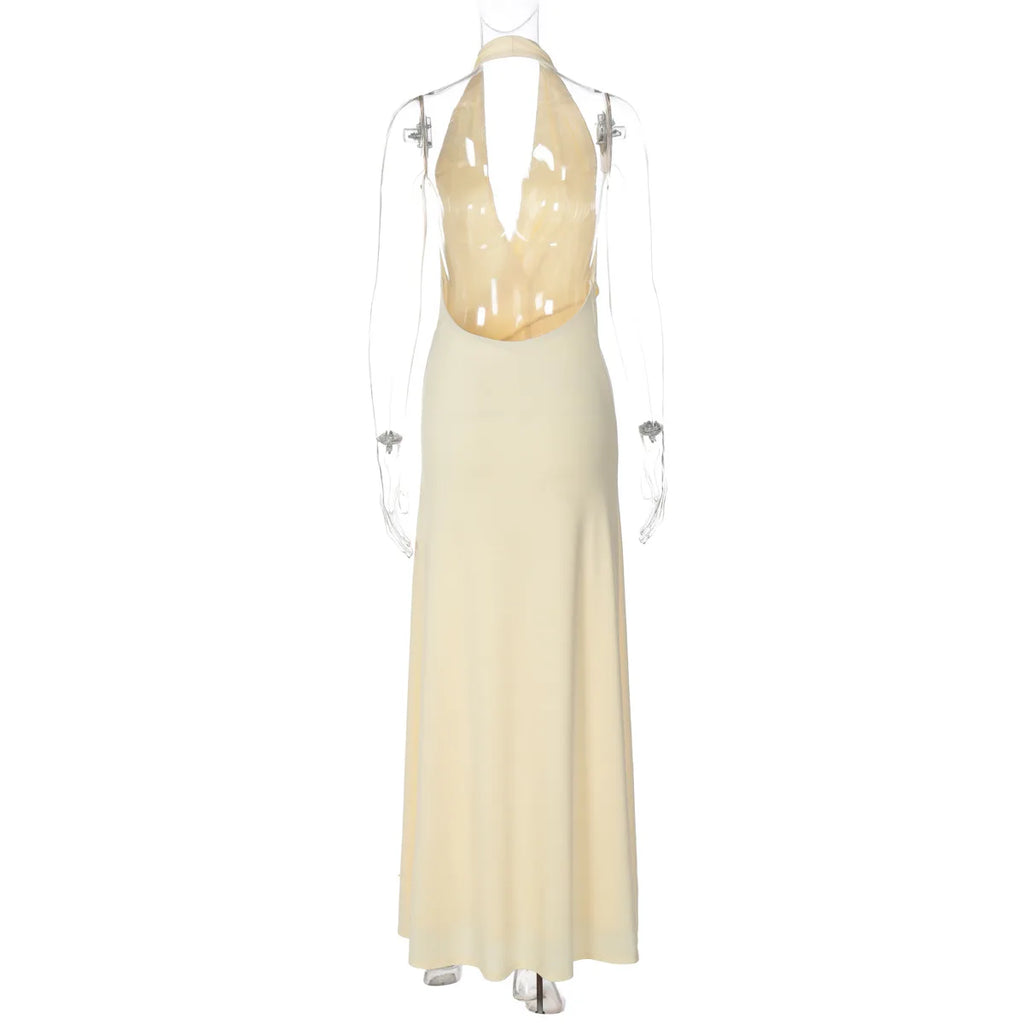 Glorol - High Street Halter Bandage Ribbons Backless Maxi Dress