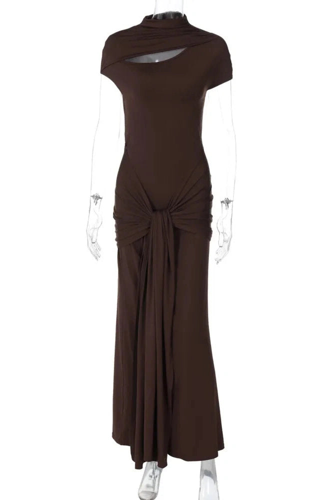 Glorol - Hollow Out Short Sleeve Turtleneck Bodycon Maxi Dress