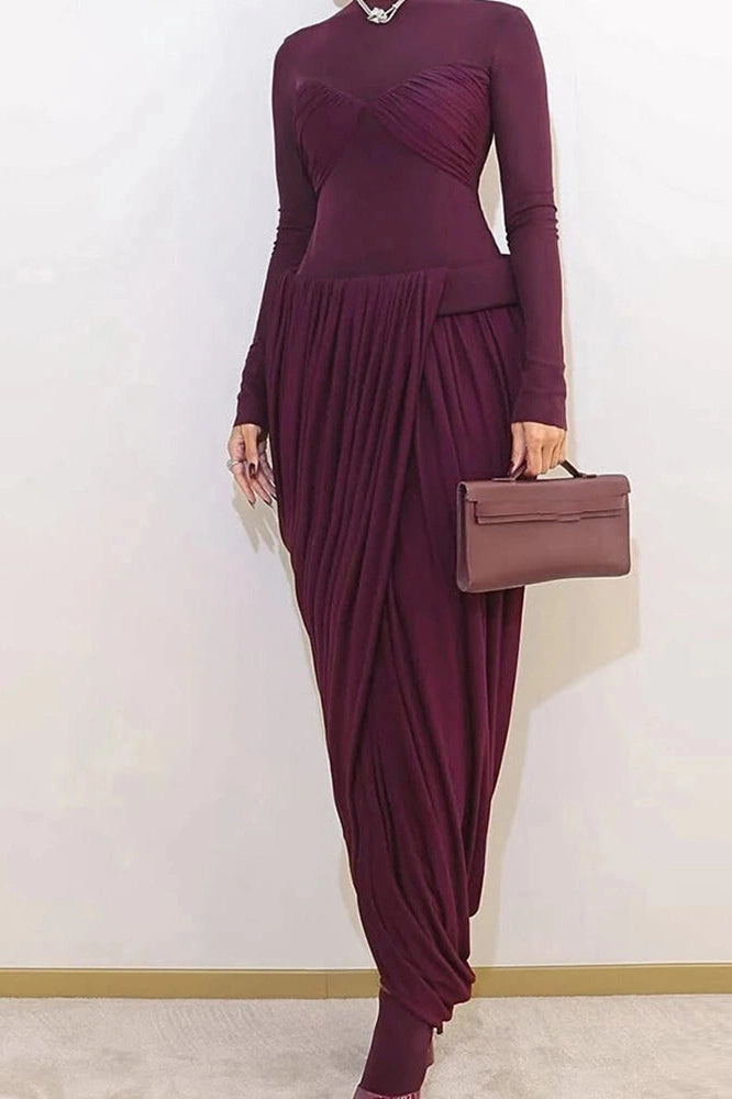 Glorol - Elegant High Waist O-Neck Pleated Irregular Maxi Dress