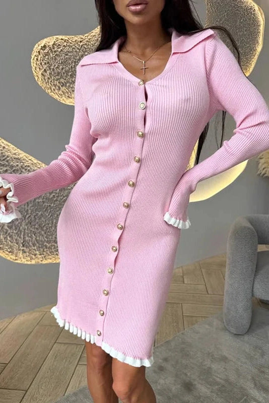 Glorol - Elegant Knitted Long Sleeve Single-Breasted Bodycon Mini Dress