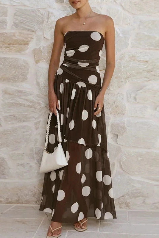 Glorol - Sleeveless Pleated Printed Off-Shoulder Maxi Dress