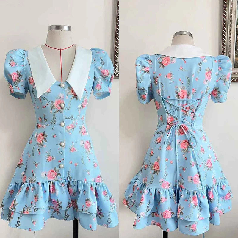 Glorol - Printed Puff Sleeves V-Neck High Waist Mini Dress