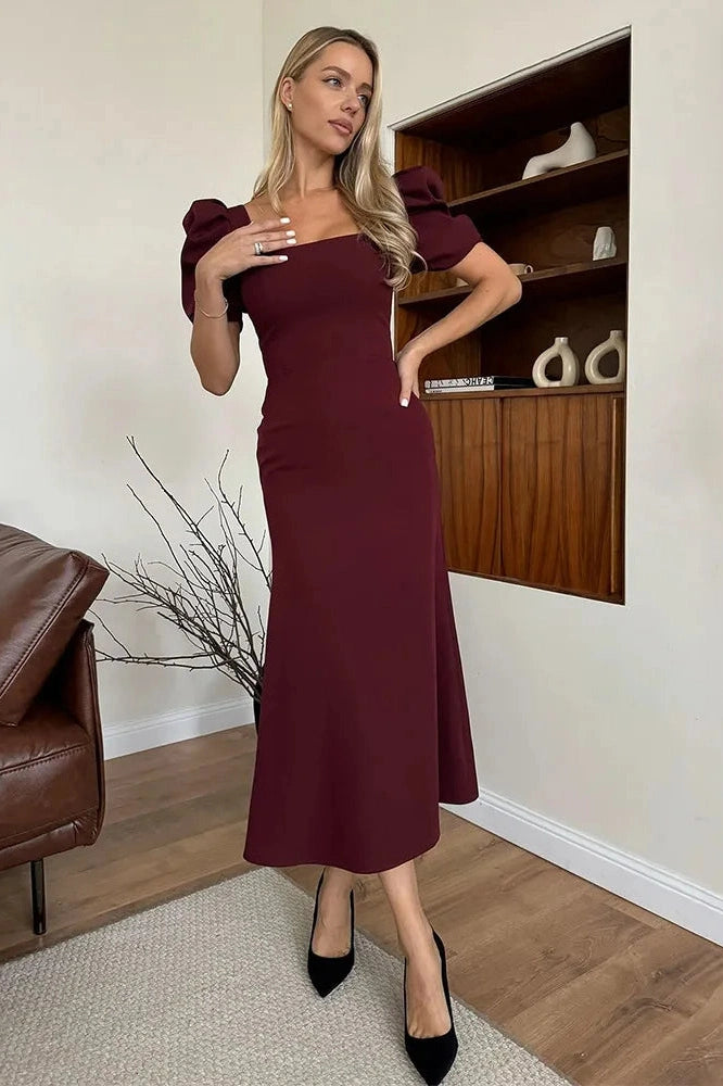 Glorol - Elegant Square-Neck Short-Sleeved Slim Midi Dress