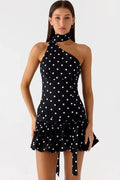 Glorol - Polka Dot Backless Off-Shoulder Sleeveless Mini Dress