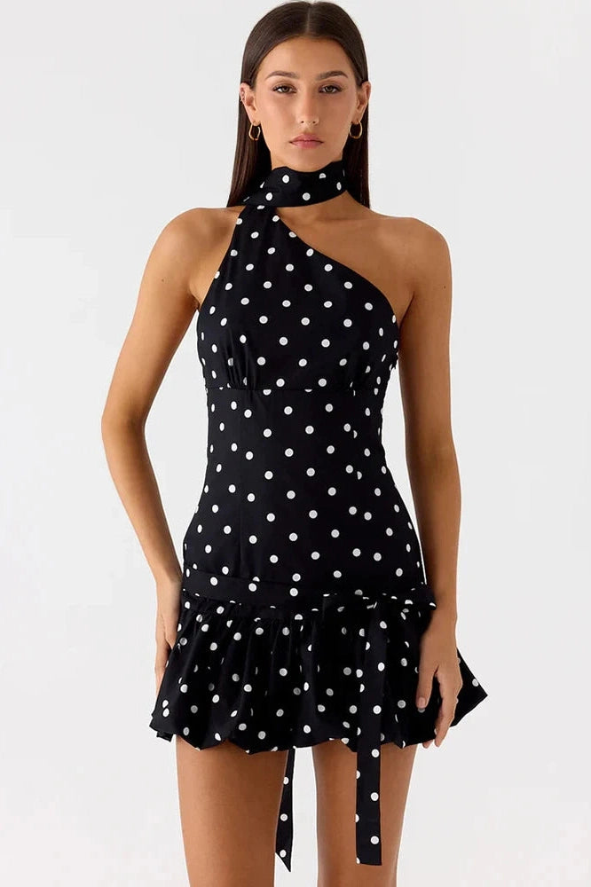 Glorol - Polka Dot Backless Off-Shoulder Sleeveless Mini Dress