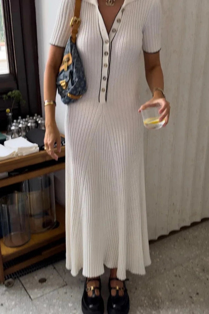 Glorol - Deep V Neck Slim Short Sleeve Knitted Bodycon Maxi Dress
