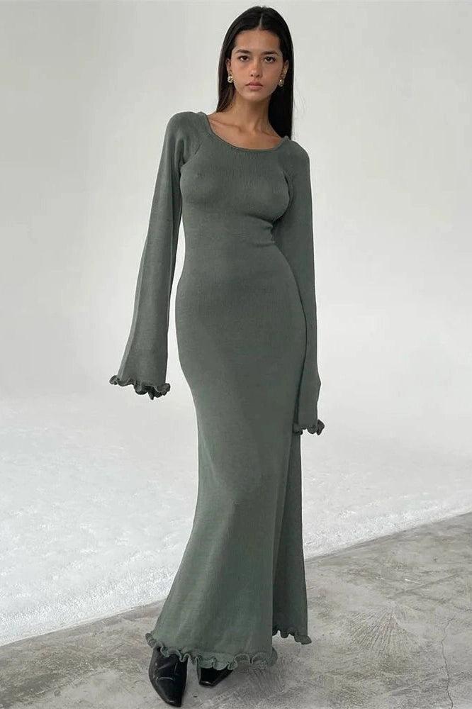 Glorol - Backless Knit Lace-Up High Waist Long Sleeve Maxi Dress