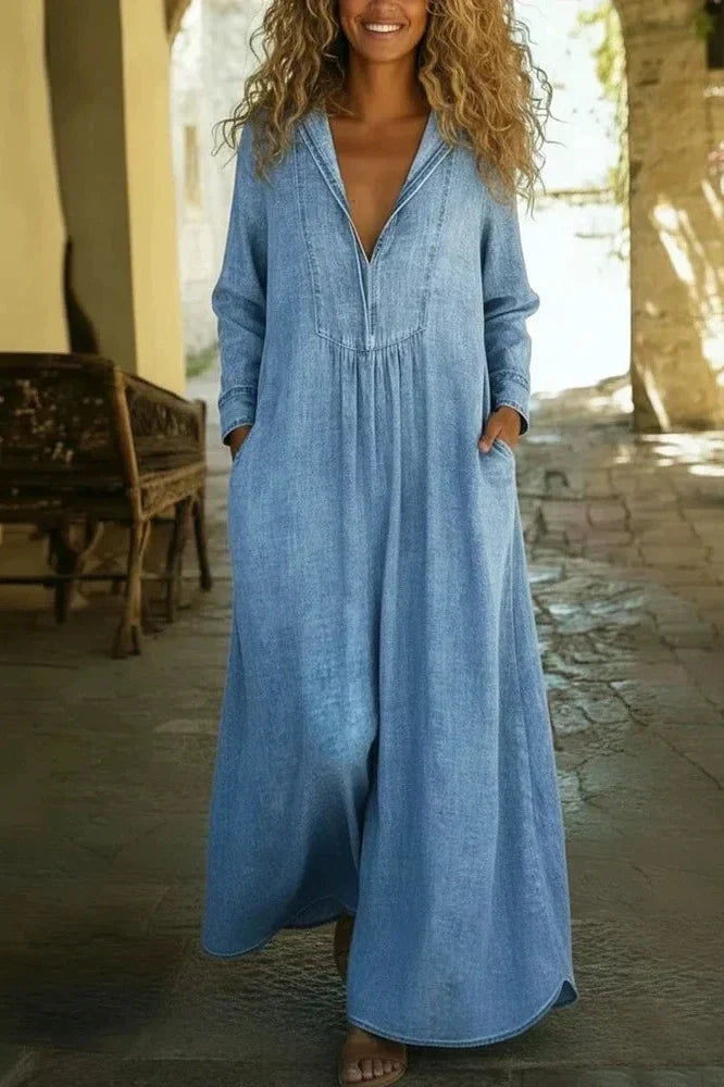 V-Neck Long Sleeve Loose Pleated Maxi Dress