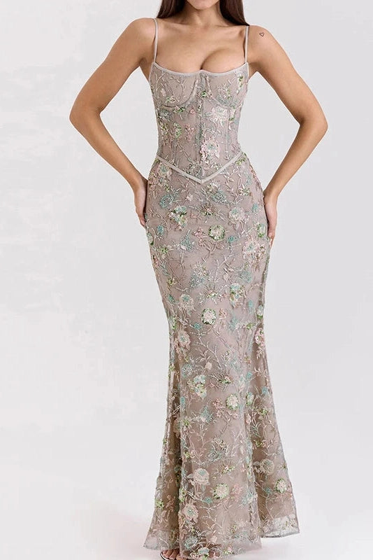 Glorol - Hollow Out Lace Embroidery Slim Backless Maxi Dress