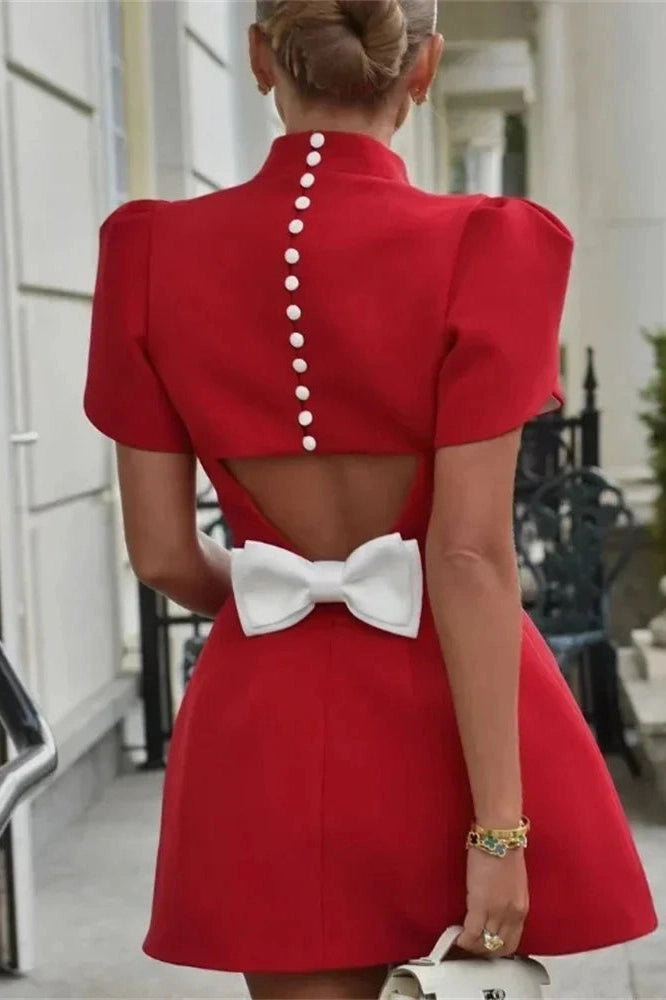 Glorol - Hollow Out Backless Short Sleeve Patchwork Mini Dress