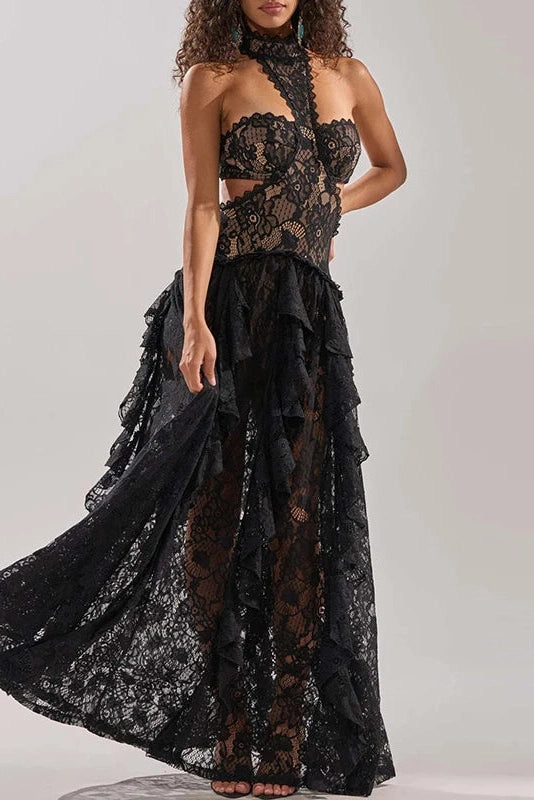 Glorol - Lace Hollow Out Sleeveless High Waist Pleated Maxi Dress