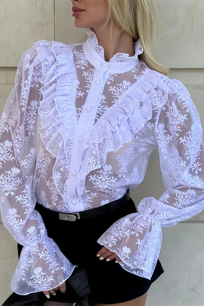 Glorol - Lace Printed See-Through Long Sleeve Top