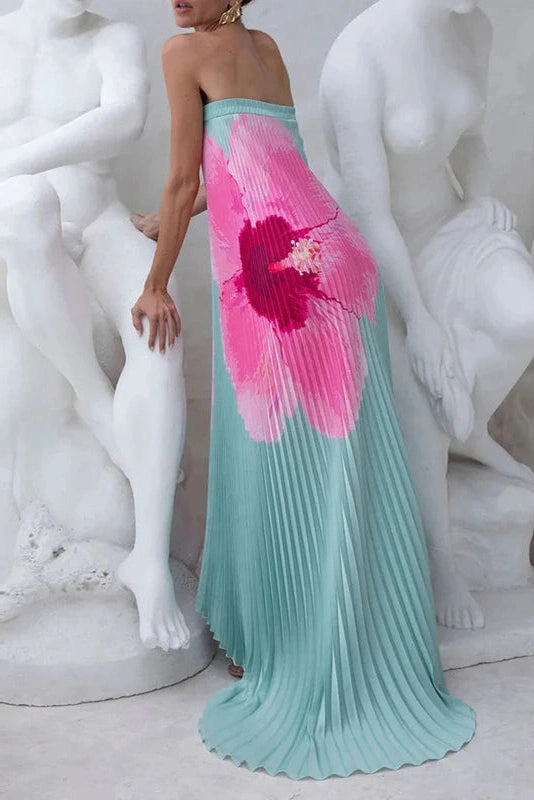 Glorol - Elegant Strapless Off Shoulder Printed Maxi Dress