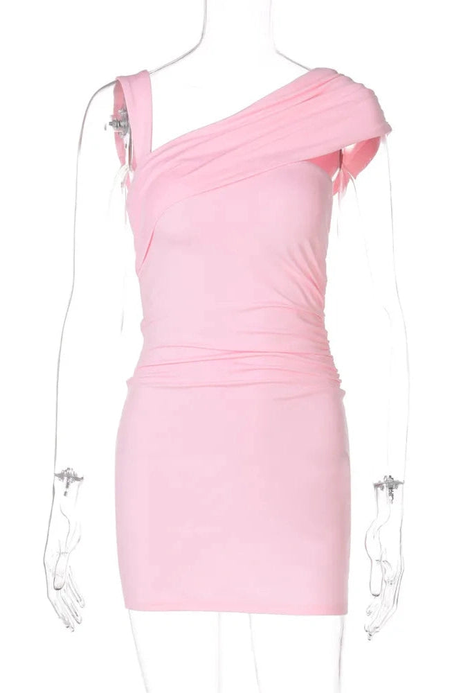 Glorol - Backless Inclined Shoulder Sleeveless Bodycon Mini Dress
