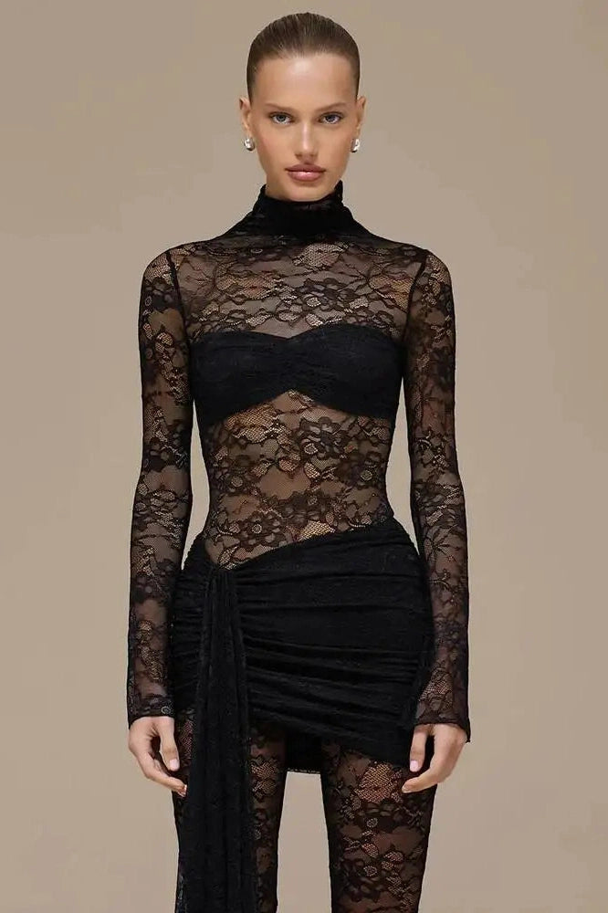 Glorol - Lace Patchwork O Neck Long Sleeve Jumpsuit