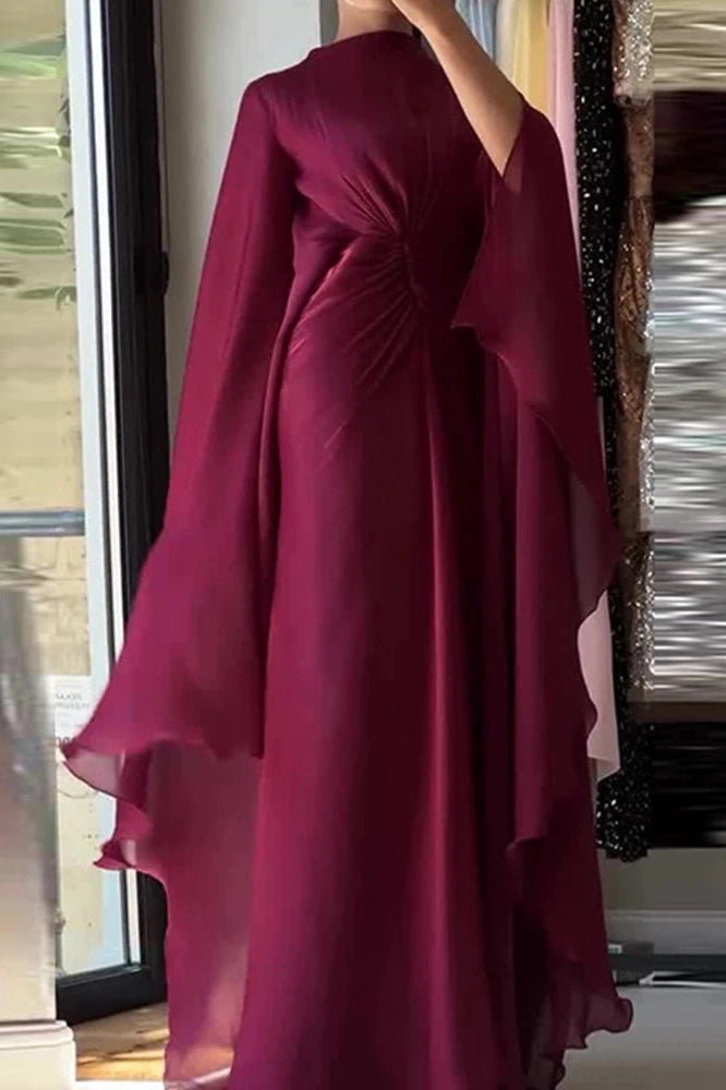 Glorol - Long Sleeve Lace Up O-Neck Loose Pleated Maxi Dress