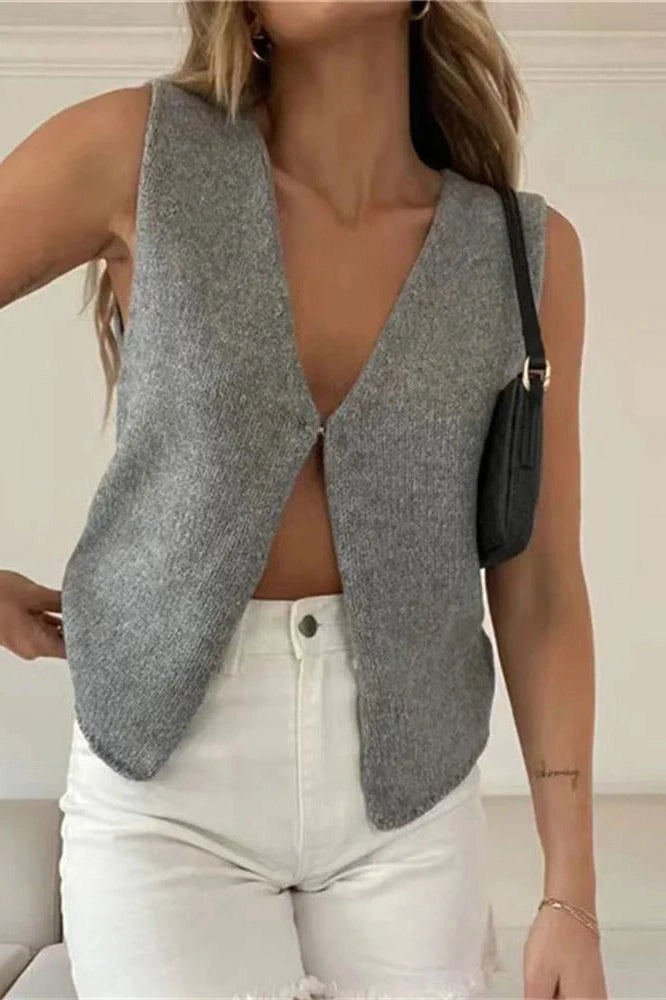 Glorol - Hollow Out Sleeveless V-Neck Slim Top