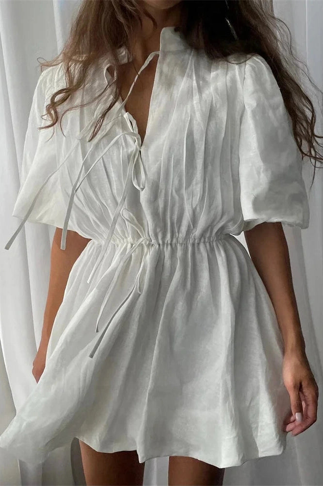 Glorol - Lace-Up Short Sleeve V-Neck High Waist Mini Dress