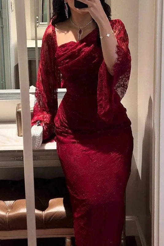 Glorol - Elegant Lace Slim Slash Collar Long Sleeve Irregular Maxi Dress