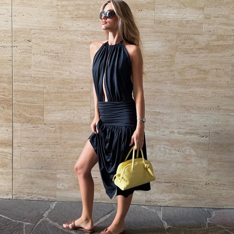 Glorol - Elegant Deep V-Neck Backless Lace Up Midi Dress