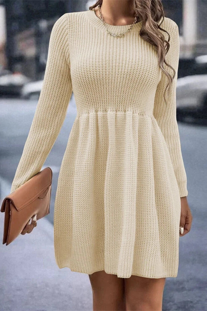 Glorol - Hollow Out Pleated Slim Long Sleeve High Waist Mini Dress